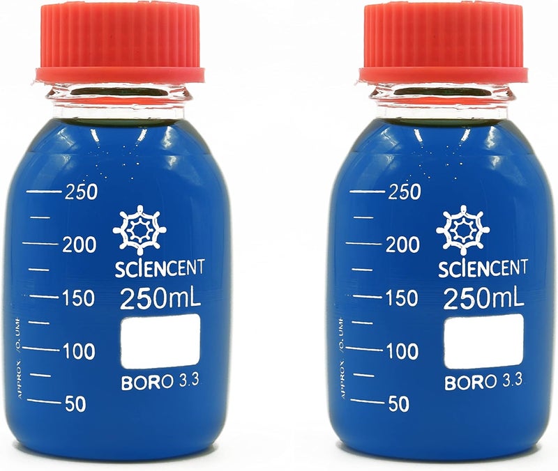 SCIENCENT WITH DEVICE (Pack of 2) 250ml Leak Proof Media Bottle Super Thick Borosilicate Graduated with GL45 Screw Cap Durable 250ml glass bottles - Image 1
